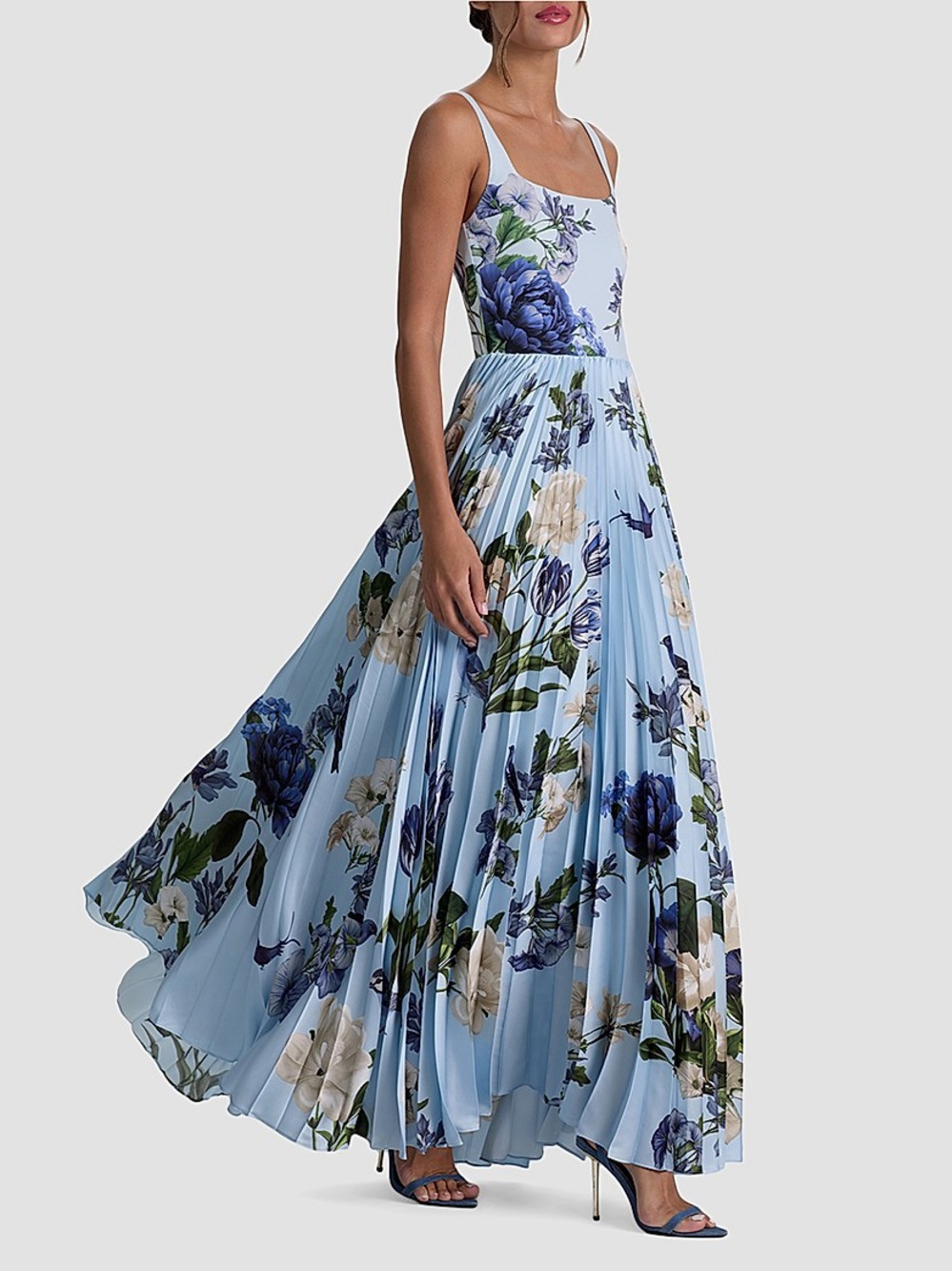 Floral Light Blue Pleated Maxi Dress - Women - Picture 3 of 9